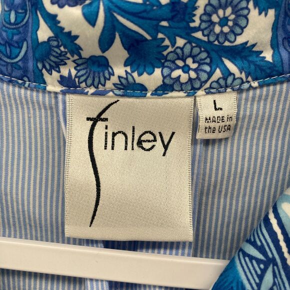 Finley Blouse Top Womens L Blue Striped Tunic Collared Office Ladies Preppy - Picture 7 of 10